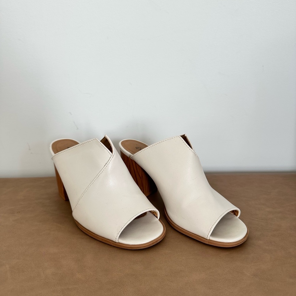 Qupid Cream Mules with Textured Fabric and Moderate Heel
